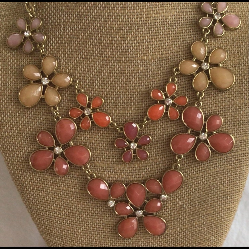 Peach, Pink Faix Crystal Floral Bib Necklace, Gold tone, 16”-18”